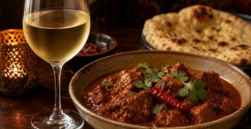 Glas Weißwein neben würzigem Curry mit Fladenbrot und Chili